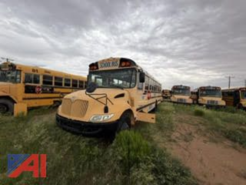 IC Corporation CE Series school bus in a yard with other yellow buses, front view, beige color, outdoor cloudy sky.