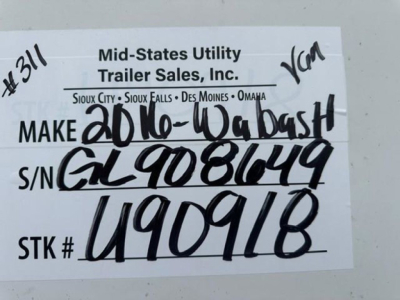 Trailer tag showing Make 20th-Wabash handwritten, S/N GL908649, STK # U490918, VIN 1JJV532D0GL908649 on Mid-States Utility Trailer Sales label.