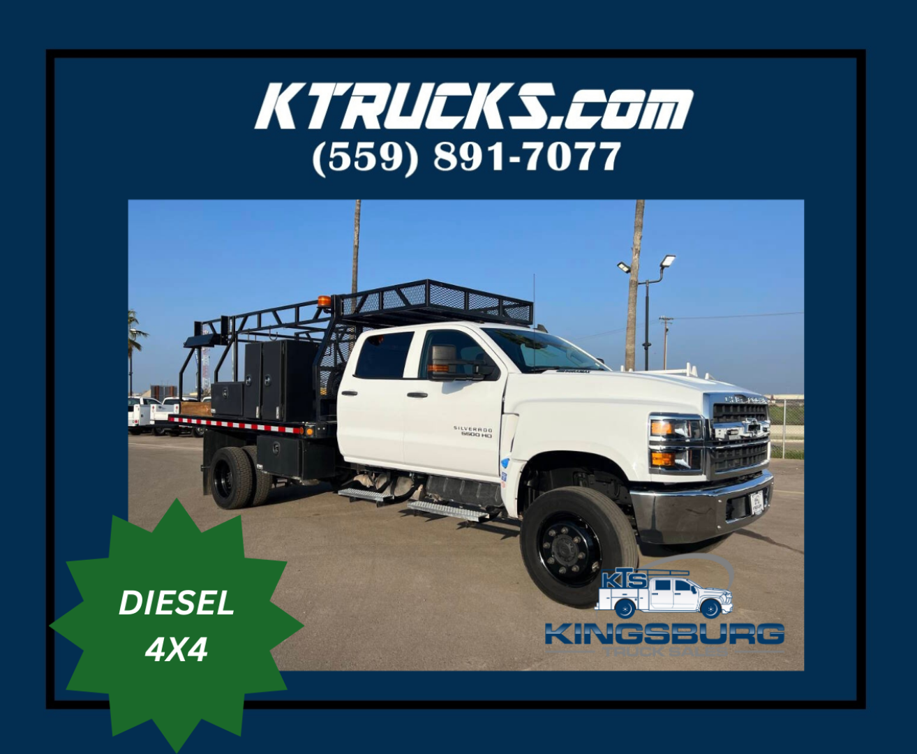 2022 Chevrolet Silverado flatbed truck showing diesel 4x4 badge on green starburst and KS Kingburg logo with white cab.