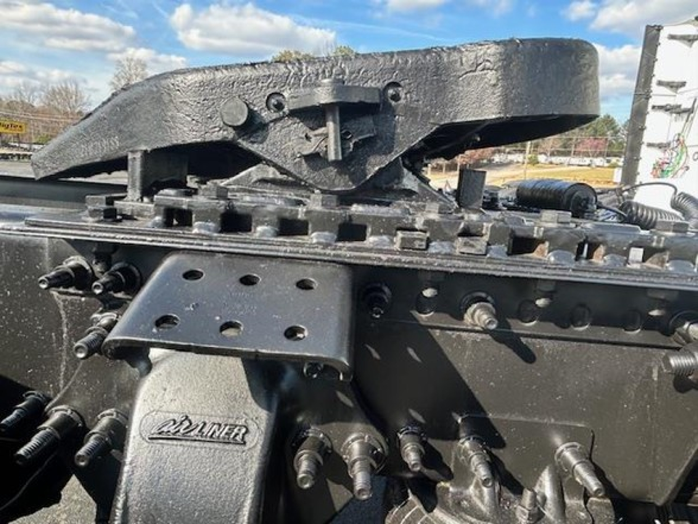 Freightliner Cascadia Evolution truck cab area showing base frame with hitch and mounting hardware