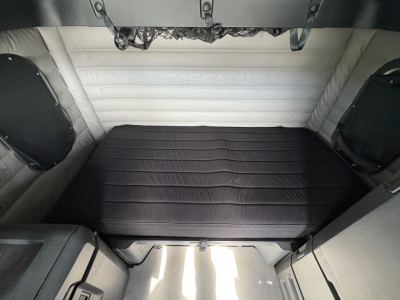 Freightliner Cascadia 126 sleeper cab interior with dark bed platform and light-gray padded walls.