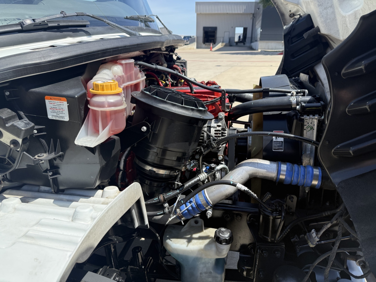 Freightliner M2 engine bay showing coolant reservoir with pink fluid, yellow cap, black round air intake, blue hose clamps, and various metal components.