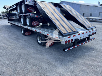 Dorsey combo drop trailer showing three-axle drop deck with loading ramps and Dorsey logo tires