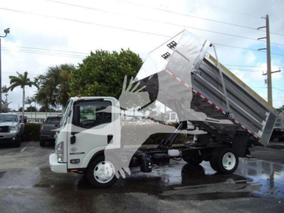 Isuzu NPR XD dump truck in service showing cab and raised cargo bed.