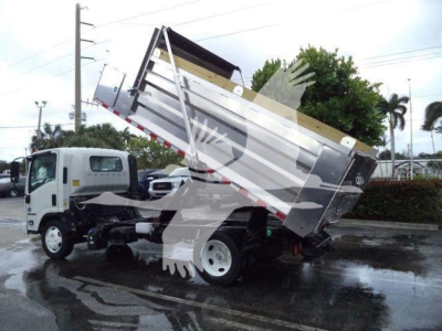 Isuzu NPR XD truck bed tilted up showing dumping bed and chassis.