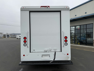 Back view of a white Harbinger S655 step van showing rear doors, taillights, bumper, and a platform step.