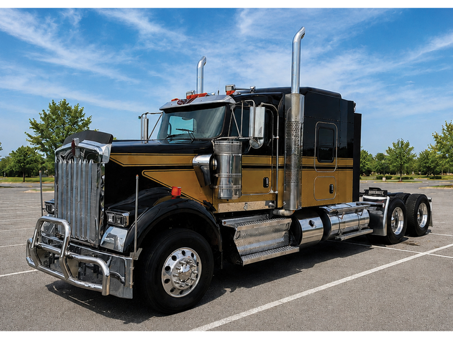 Kenworth W900 AeroCab truck in parking lot showing front chrome grille, dual tall exhaust stacks, gold and black paint scheme, and chrome bumper.