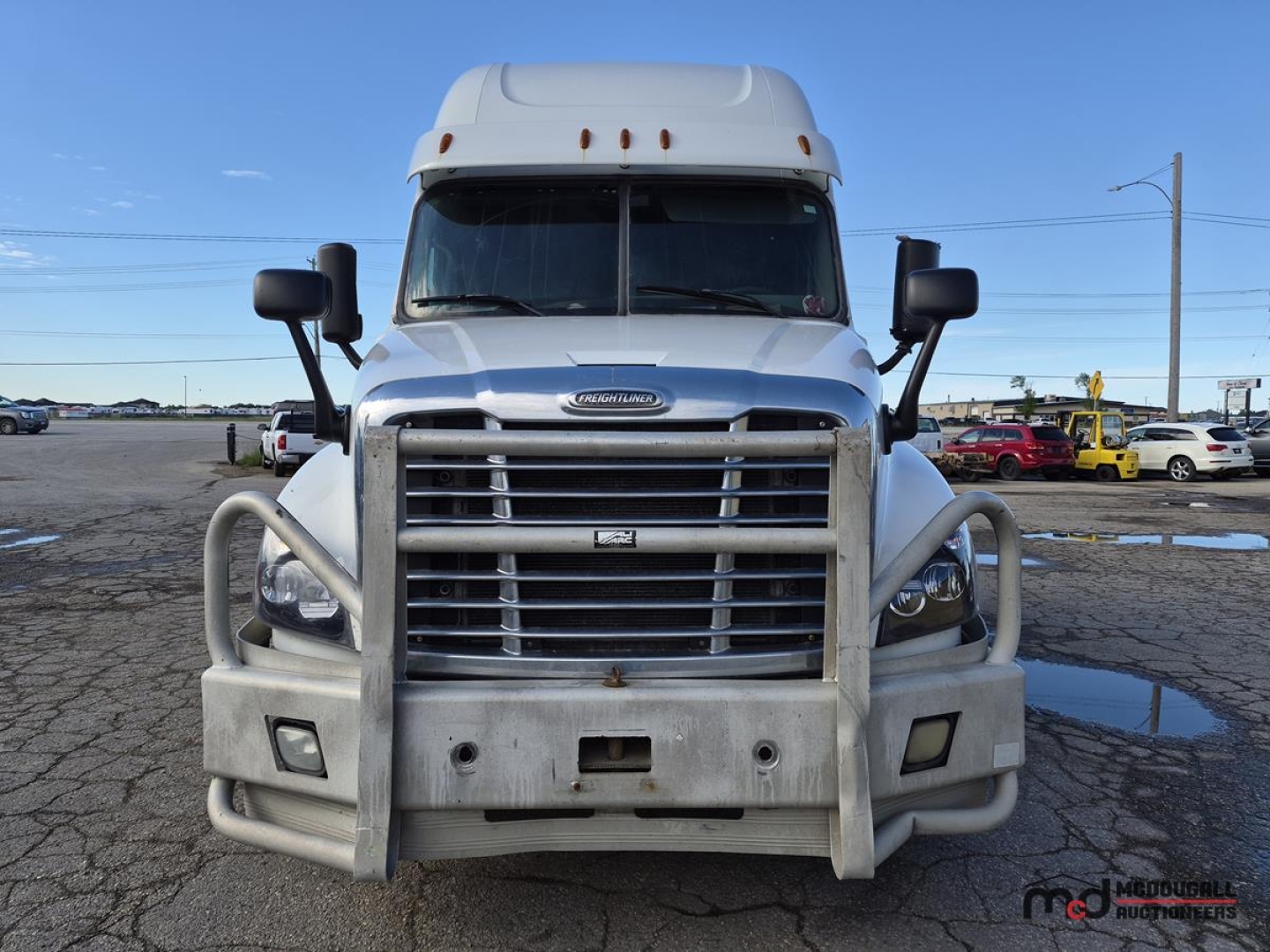 Front view of a white 2016 Freightliner Cascadia conventional sleeper truck showing grille, bumper guard, and deflector.
