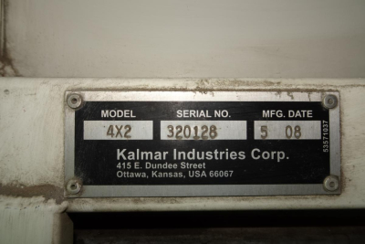 Metal nameplate on Kalmar Ottawa device showing Model 4X2, Serial No. 320128, MFG Date 5 08, Kalmar Industries Corp., 415 E. Dundee Street, Ottawa, Kansas, USA 66067.