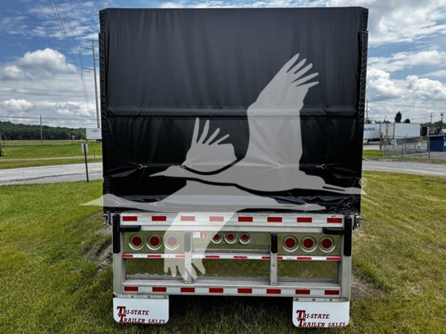 Rear view of 2018 Reitnouer Big Bubba curtainside trailer with black tarp and decorative white bird graphic, showing rear lights, bumper, and reflection.