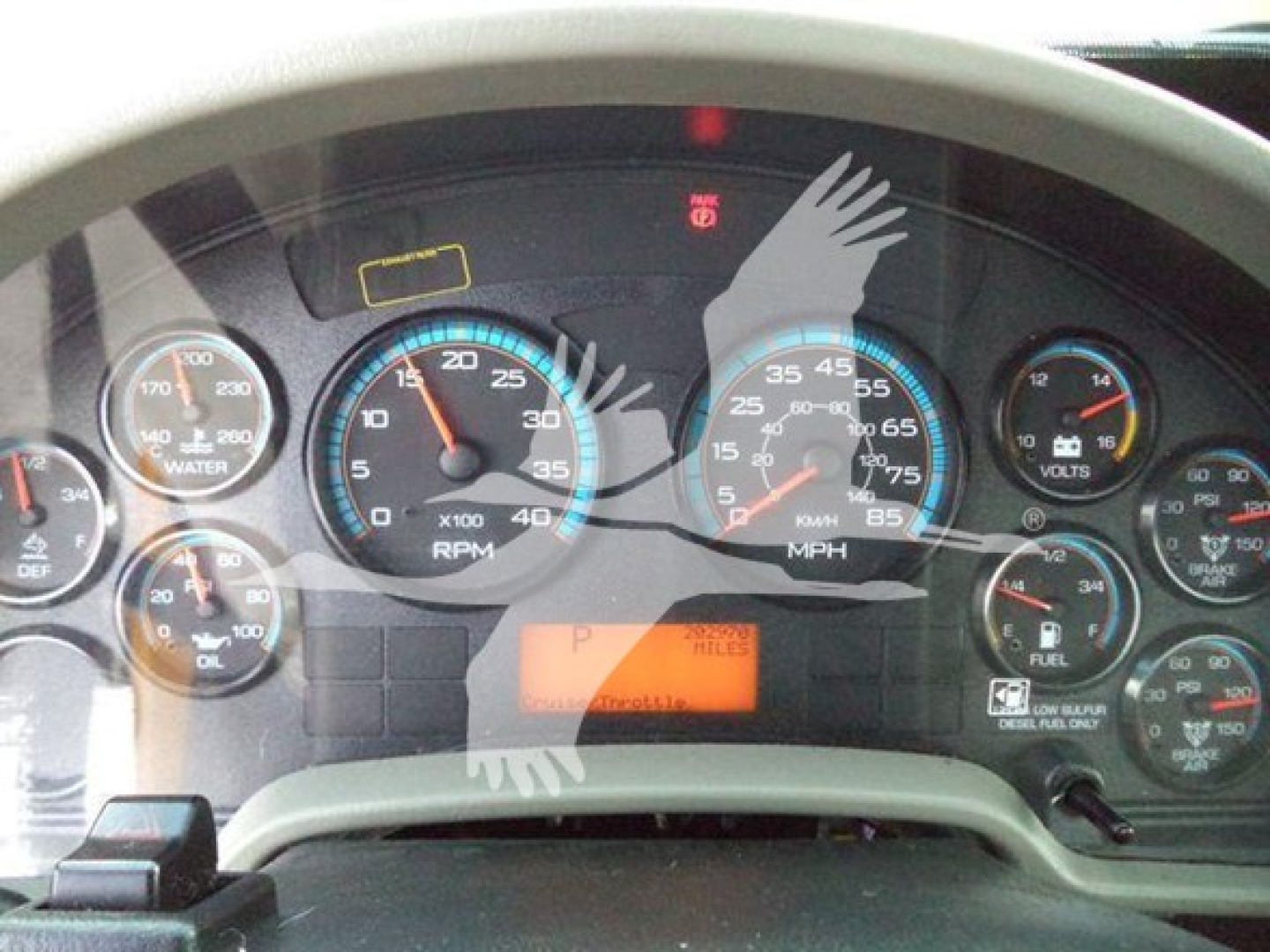 Dashboard view of a 2019 International Durastar truck showing analog gauges and digital display.