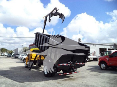 Tractor-style grapple truck attachment on a 2019 International Durastar in a dealership lot with other trucks around.