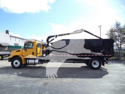 Truck side view showing an orange cab and black/gray grapple body with crane arm, 2019 International Durastar model, stock number T14931.