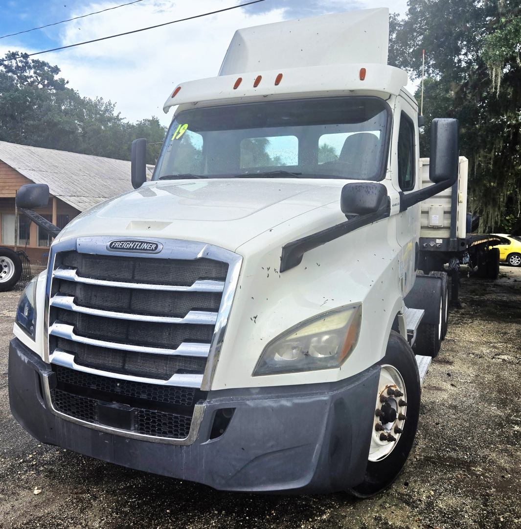 Front-left view of a white 2019 Freightliner Cascadia day cab tandem truck showing grille, headlights, and bumper.