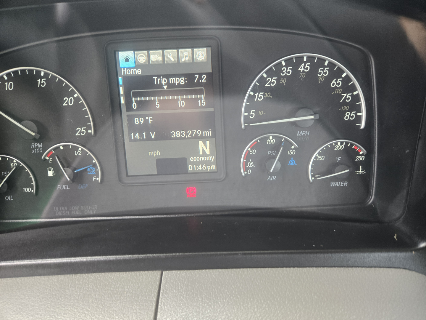 Dashboard view of a Freightliner Cascadia Day Cab tandem truck showing speedometer, tachometer, and central digital display with trip mpg and 14.1 V battery reading.
