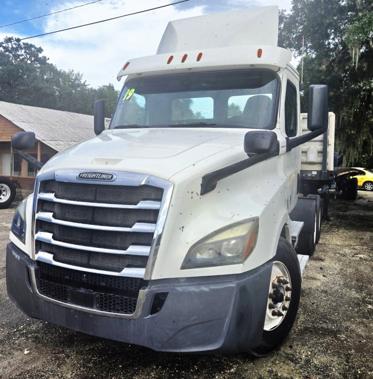 Front-left view of a white 2019 Freightliner Cascadia day cab tandem truck showing grille, headlights, and bumper.