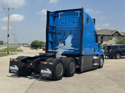 Truck rear-left view of a blue Freightliner Cascadia 126 sleeper tractor, showing the back of the cab and dual rear axles.