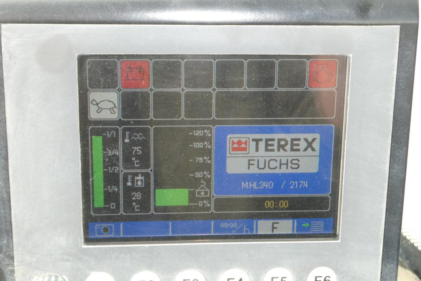 Terex MHL340D control panel display with Terex Fuchs logo and dashboard indicators.