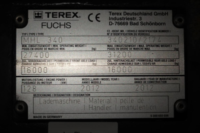 Terex MHL340D serial plate showing model MHL 340, weights and identifiers, with German labels and 2012 manufacture date.