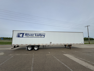  trailer showing River Valley Trailer Leasing logo on a white 53-foot utility dry van trailer side view