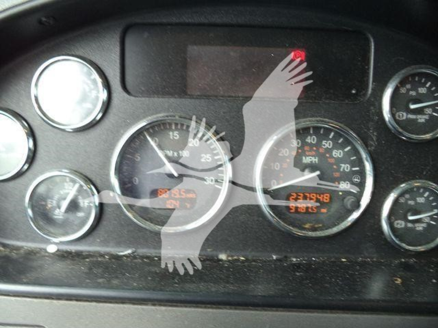 Peterbilt 337 dash gauges showing speedometer and tachometer with VIN/stock info overlay watermark.