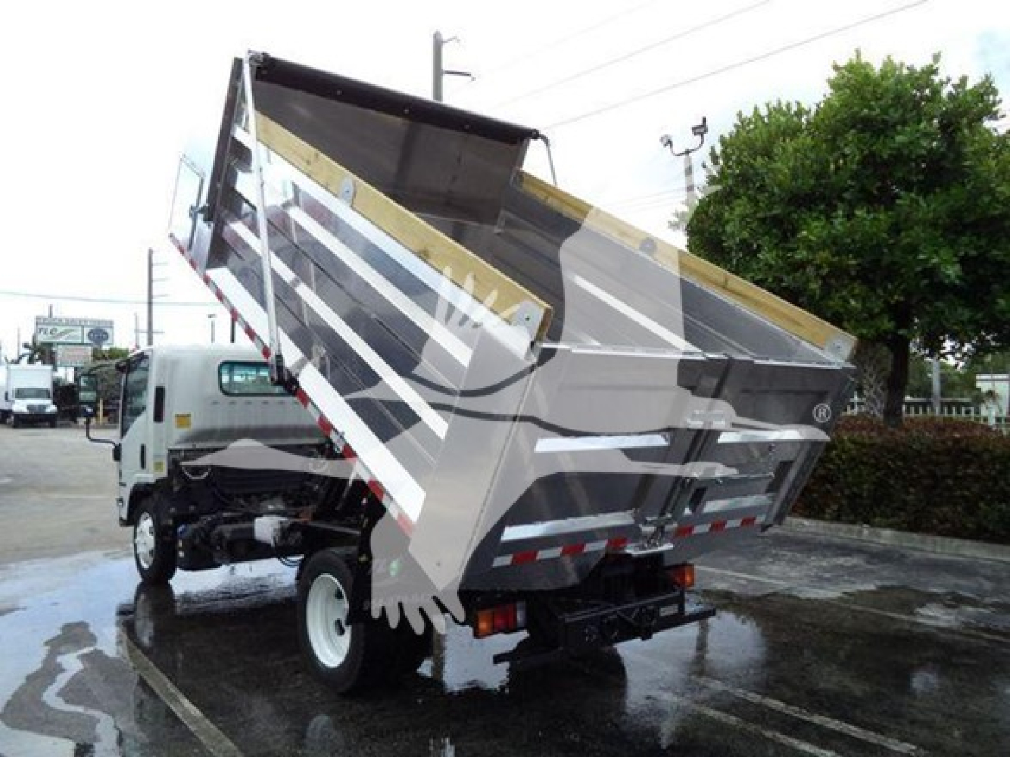 Isuzu NPR XD dump truck rear view with raised dumping bed showing side rails and hydraulic system.