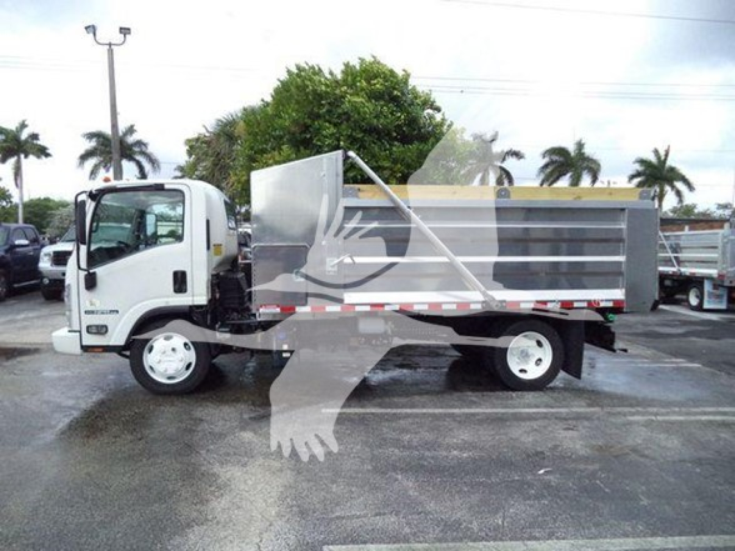 Isuzu NPR XD dump truck side view showing cargo bed and cab with white wheels.