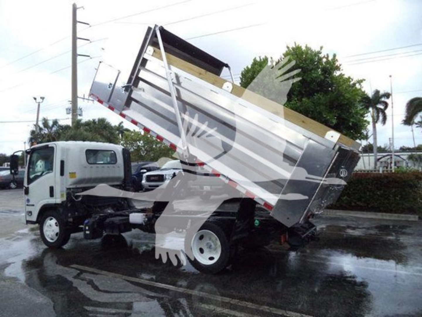 Isuzu NPR XD dump truck with tilted silver dump bed, hydraulic lifting mechanism visible, white cab, wet pavement.