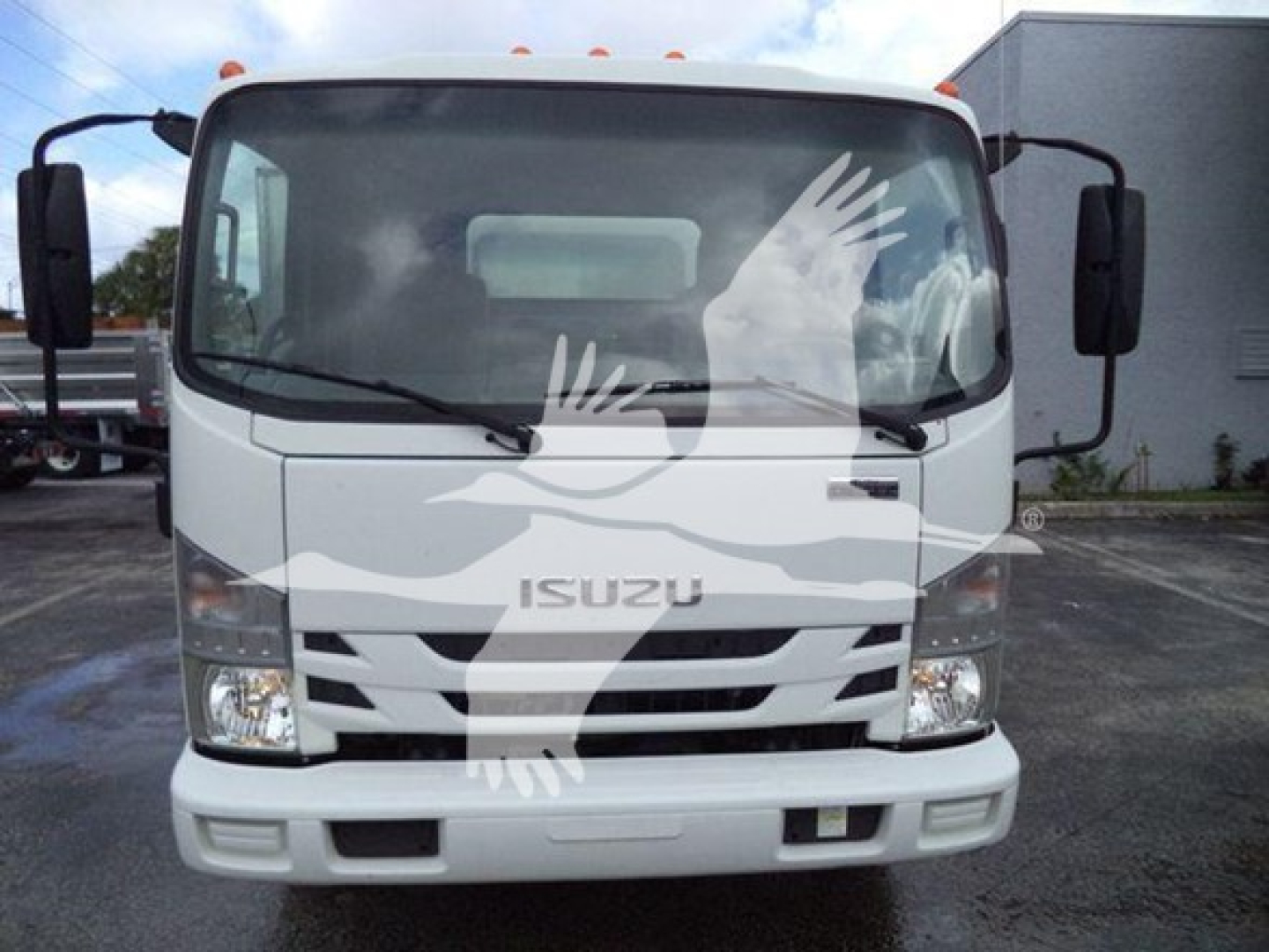 Isuzu NPR XD dump truck front view with windshield wipers, ISUZU logo on grille, and white cab; stock photo style.