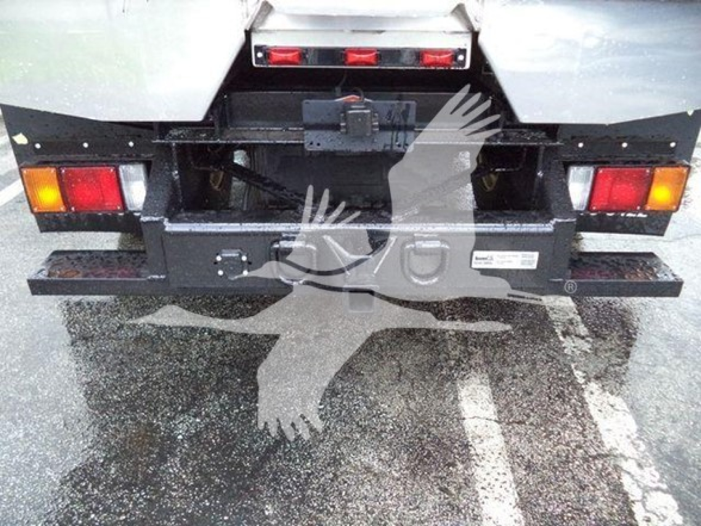 Isuzu NPR XD dump truck rear showing bumper with taillights and hitch; metal plates and warning labels present.