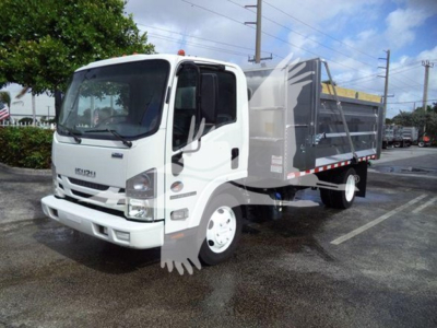 Isuzu NPR XD dump truck in service showing cab and dump body with Isuzu badge and side mirror details.