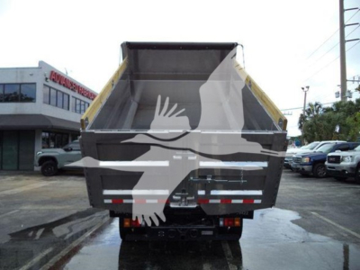 Isuzu NPR XD dump truck rear view showing cargo bed and taillights with warning lights and bumper.