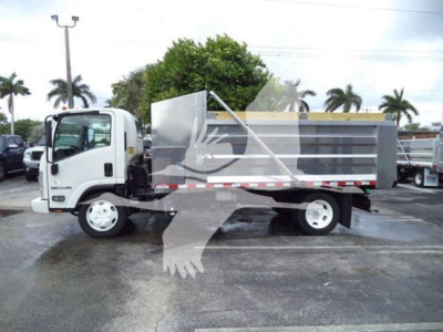 Isuzu NPR XD dump truck side view showing cargo bed and cab with white wheels.