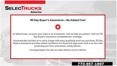 SelecTrucks Atlanta banner with 90 Day Buyer’s Assurance text box and contact number; includes VIN and stock info for a Freightliner Cascadia listing.
