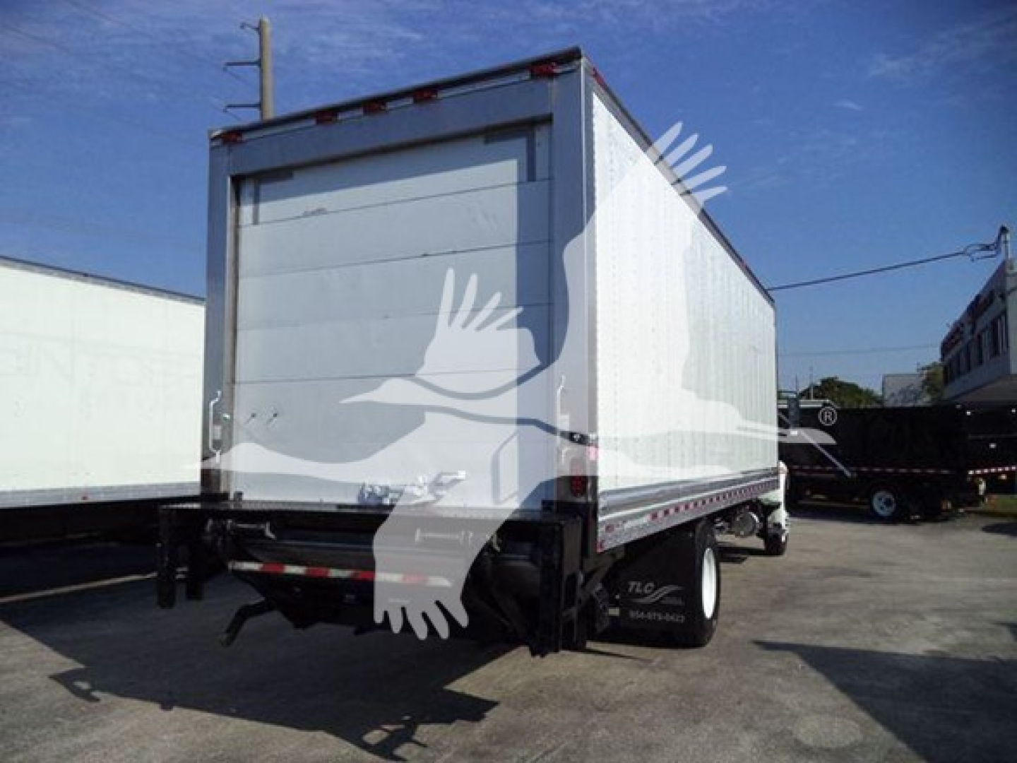 Rear/side view of a refrigerated box truck with a white box, black chassis, and dual rear doors. There is a small cab visible, with a black front bumper and wheel wells.