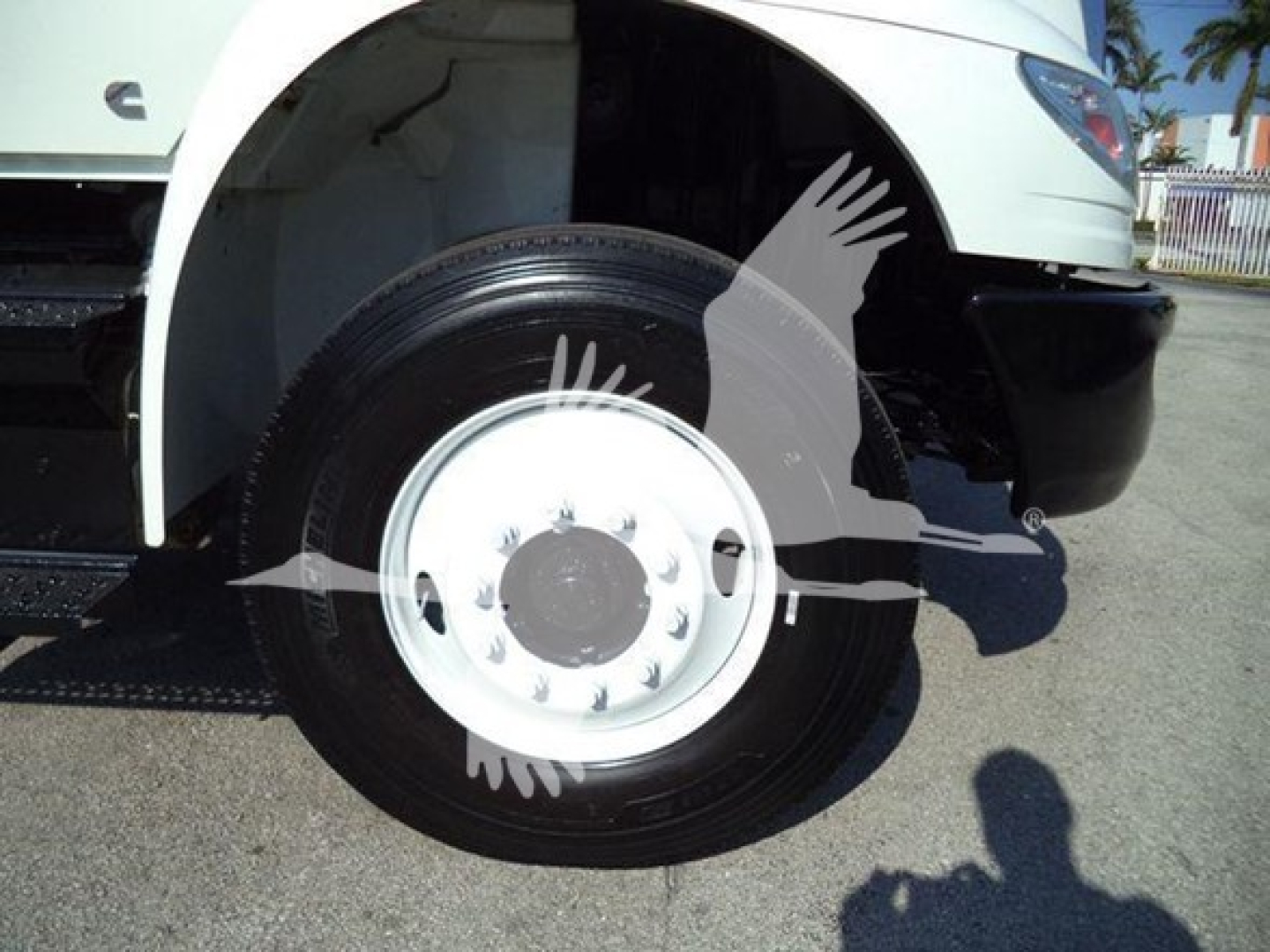 Truck front wheel well and large tire on a 2019 International Durastar 4300 refrigerated truck showing wheel and fender area.