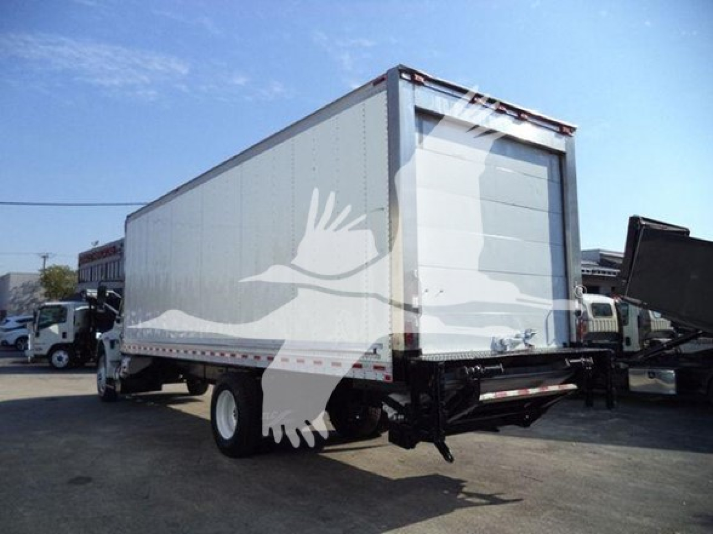 2019 International Durastar 4300 refrigerated box truck side/rear view showing cargo area and rear doors