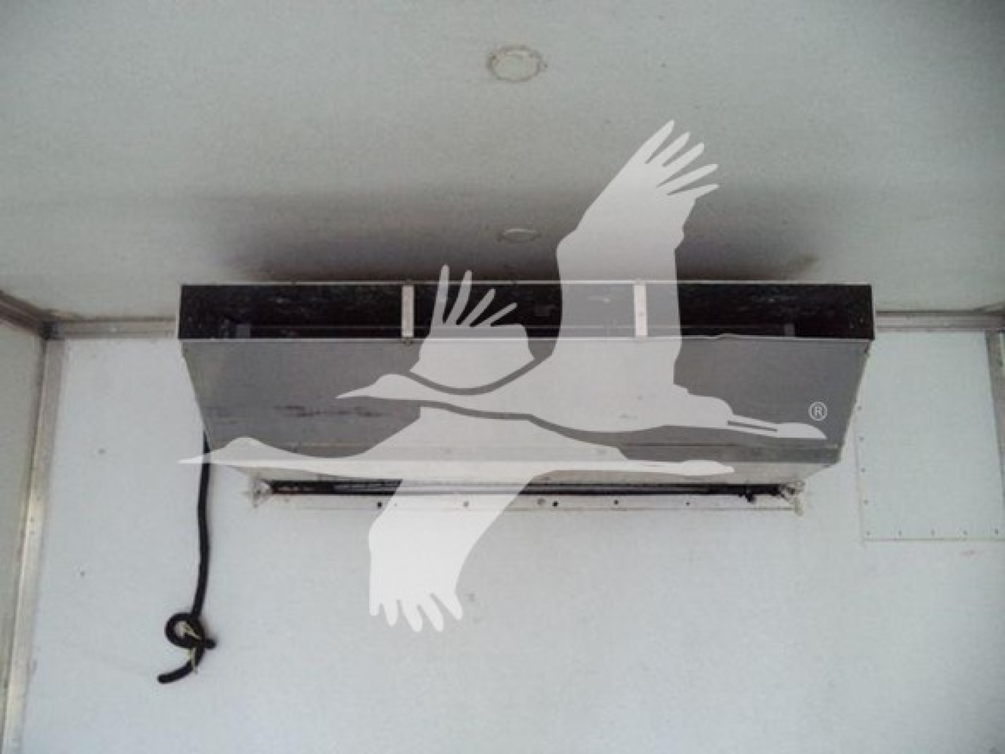 Interior of refrigerated truck with ceiling vent and hanging electrical cord, side door area visible.