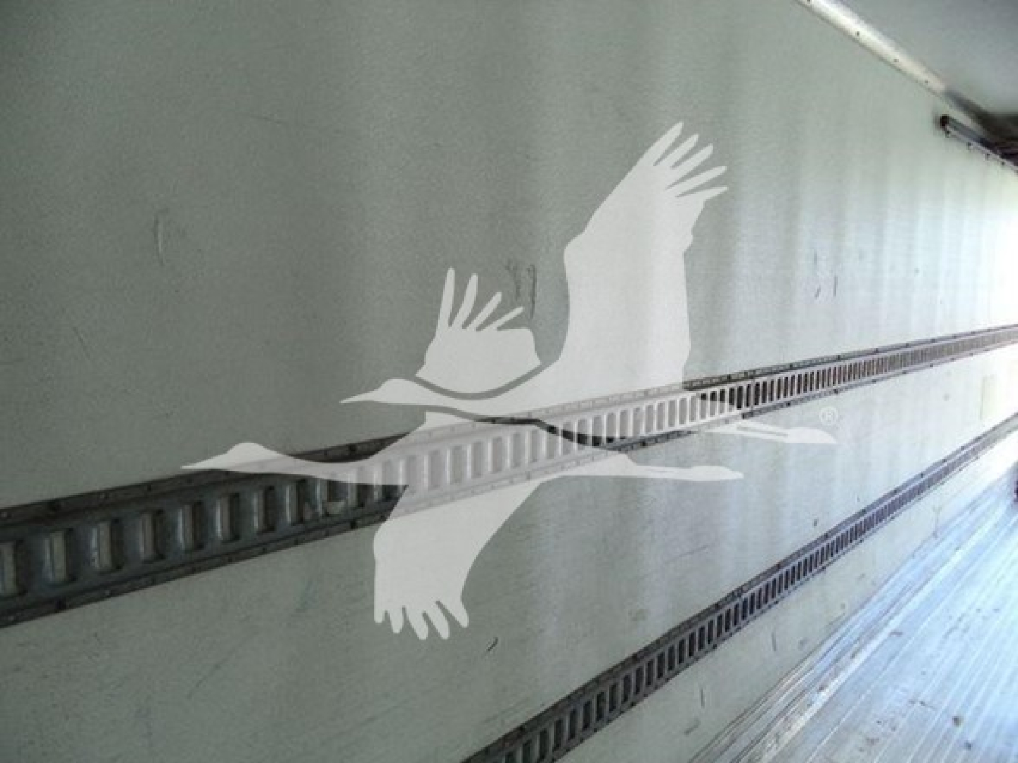 Truck side exterior showing a strip with a bird graphic and metal rivet rail along the side.
