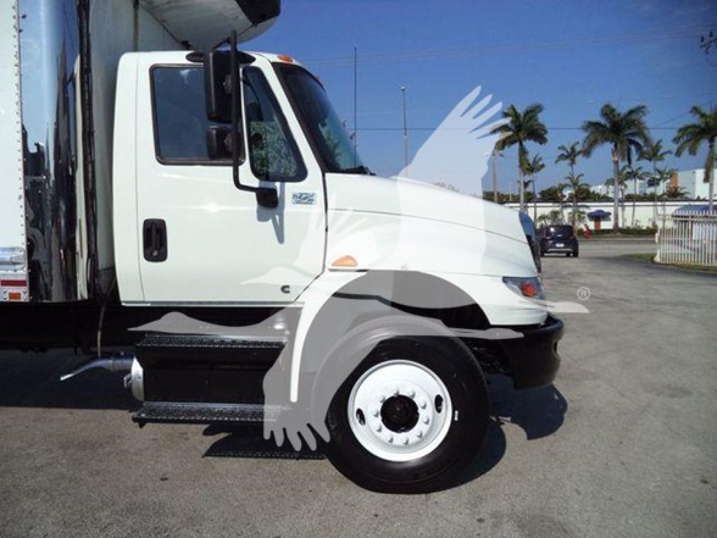 International Durastar 4300 side view showing cab and front wheel, refrigeration truck, white cab, black bumper, steps.