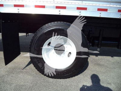 Truck wheel of a 2019 International Durastar 4300 refrigerated truck showing a white steel rim and black tire under the side of the cargo trailer.