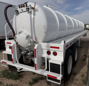 White vacuum tanker trailer with cylindrical tank on dual-axle chassis; rear view shows hoses, valves, and fittings; no legible model numbers visible.