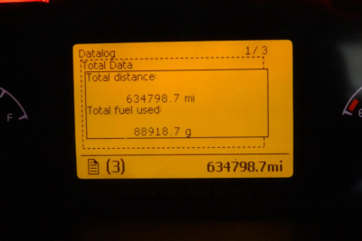 Onboard display showing Total data: Total distance 634798.7 mi, Total fuel used 88918.7 gal.
