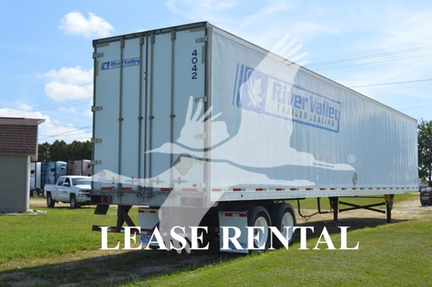 Trailer side view showing River Valley Transport Leasing logo and Lease Rental text on a Utility 4000D-X trailer.