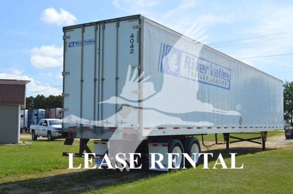Trailer side view showing River Valley Transport Leasing logo and Lease Rental text on a Utility 4000D-X trailer.