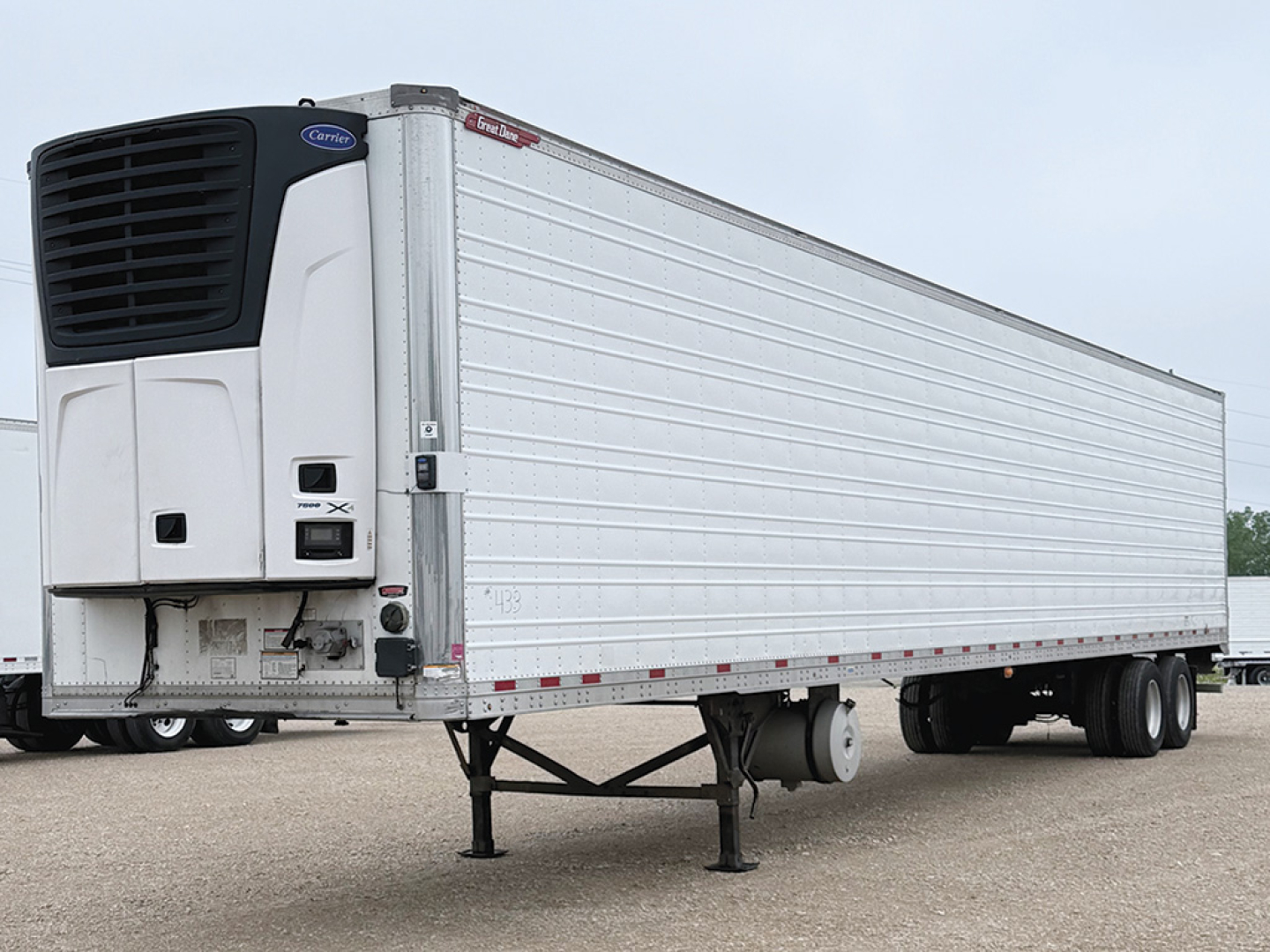 Great Dane reefer trailer with Skeletal front refrigeration unit and silver side panels.