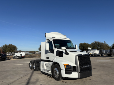 2027 Mack PR64T truck in white side view showing cab and chassis with 6 wheels and large grille.