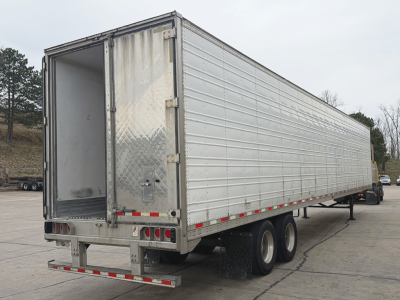 Great Dane Everest SS trailer showing rear open door and aluminum side panels, tandem axle, reefer trailer in used condition.