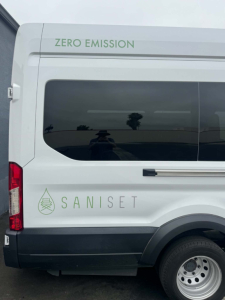 Ford Transit 350 HD XLT cargo van side view showing zero emission decal and SANiSET logo