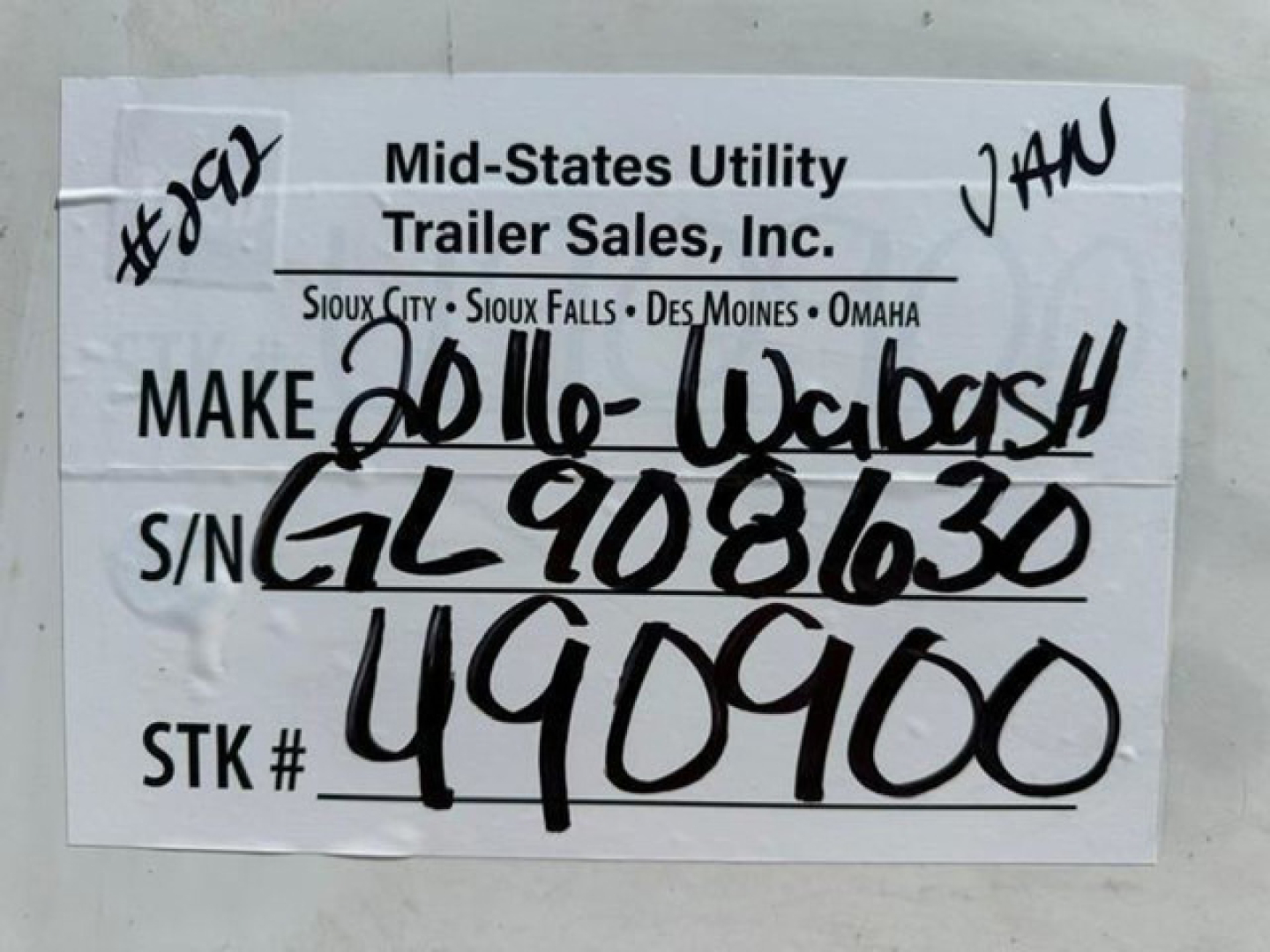 Trailer ID tag showing Make 2016 Wabash, S/N GL908630, Stock 490960, STK # handwritten, Mid-States Utility Trailer Sales, Inc. branding.